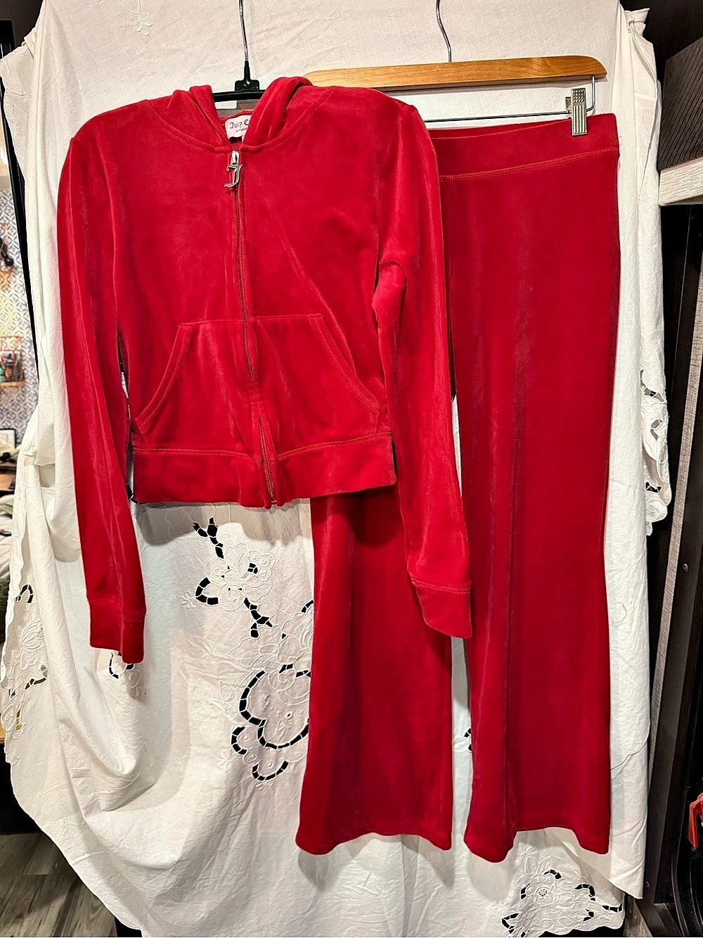 Juicy Couture Red Velour Tracksuit Set S Y2K Rhinestone Bling Hoodie Pants Retro